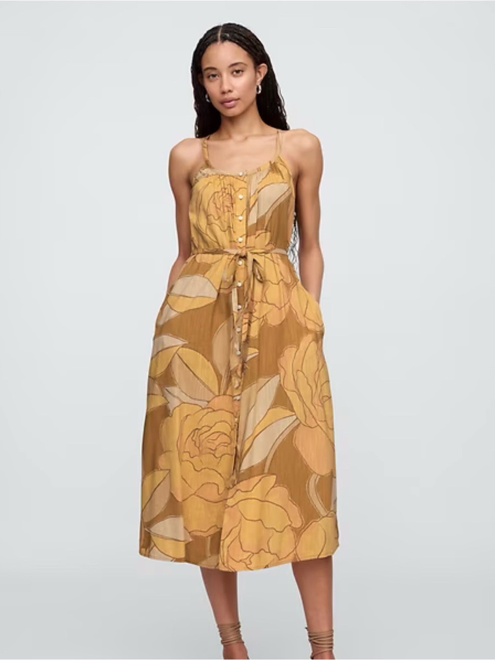 GAP Floral Tie-Waist Midi Dress in Mustard